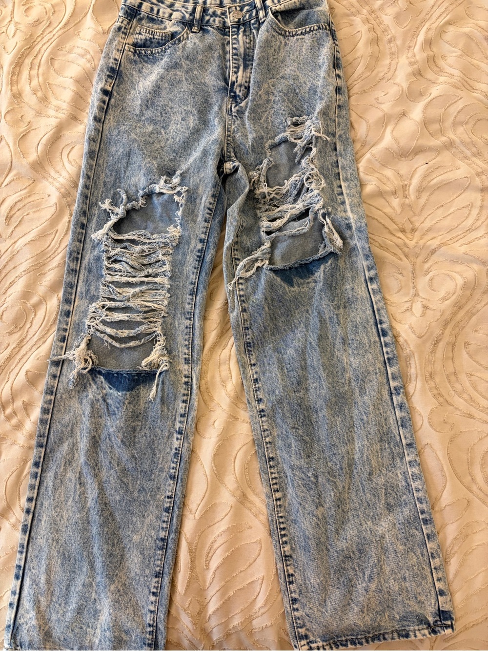 Frame Denim Distressed Light Blue Straight Leg Jeans